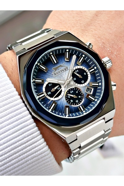 Slazenger Fonksiyonlu Gümüş-Lacivert Renk 10 ATM Su Geçirmezlik Çelik Kasa Er...