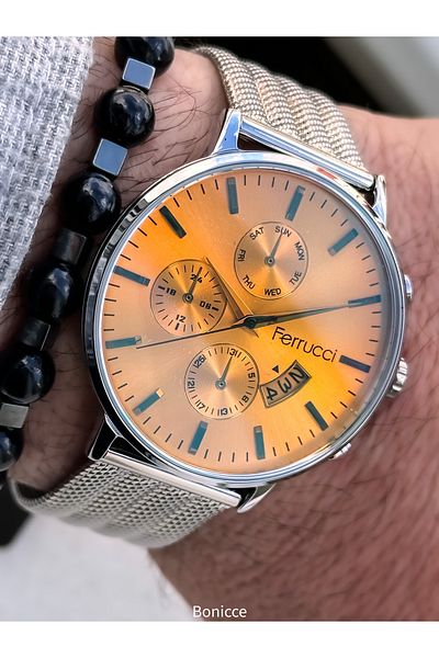 Ferrucci Silver Wicker Steel Cord, Glass with Light Turning Feature Calendar Model Men's Wristwatch+Bracelet