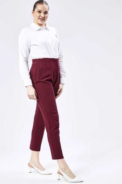 MİSLİNE Burgundy High Waist Cuffed Slim Leg Women's Fabric Pants