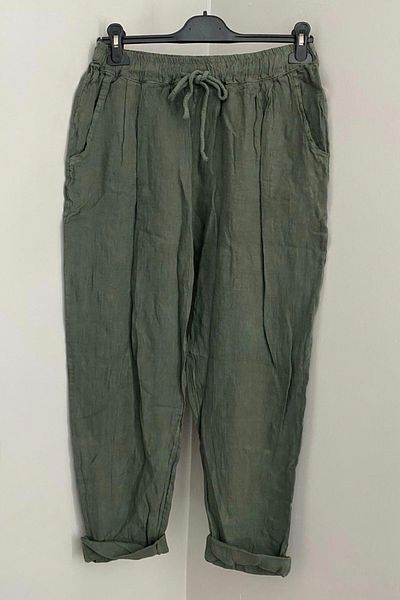AYASOFYA OTANTIK Women's Italian Khaki Elastic Waist Lace Detailed 100% Linen Carrot Trousers