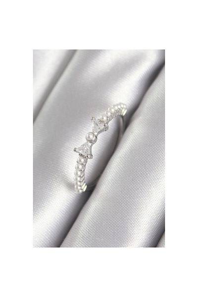 Marsilyan Brass Silver Color Zircon Stone Ribbon Model Pearl Detail Women's Ring - TJ-BYK3060