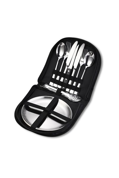OEM Picnic cutlery and plates set, 10 pieces, stainless steel, black cover