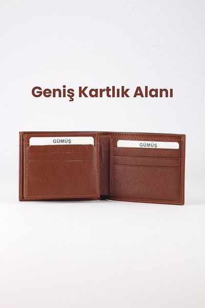 GÜMÜŞ Genuine Leather Men's Wallet Brown, Slim and Double Leaf Card Holder Design