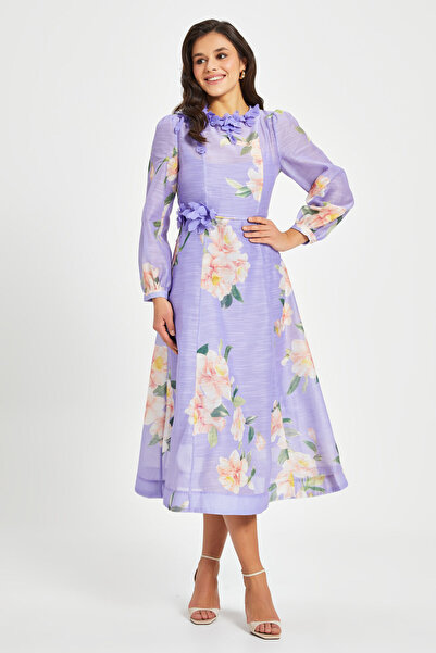 SERPİL Kadın Çiçek Desenli Aplikeli Elbise – Uzun Kol, Kemerli