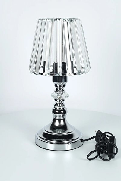 Balars Home Taşlı Abajur Kristal Gövdeli Gümüş Salon-Yatak Odası Abajur