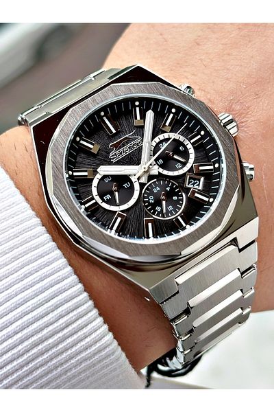 Slazenger Function Silver-Black Color 10 Atm Waterproofness Steel Cord Steel Case Men Wrist Watch 2398.01