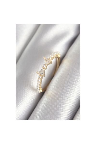 Marsilyan Brass Gold Color Zircon Jewelled Ribbon Pearl Detail Women's Ring - TJ-BYK3059