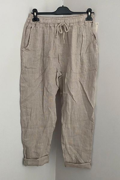 AYASOFYA OTANTIK Women's Italian Beige Elastic Waist Lace Detailed 100% Linen Carrot Trousers