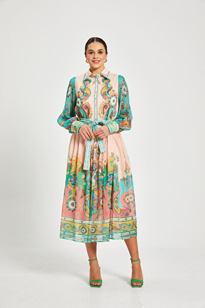 SERPİL Kadın Desenli Gömlek Yaka Elbise – Kuşaklı, Uzun Kollu, %100 Polyester...