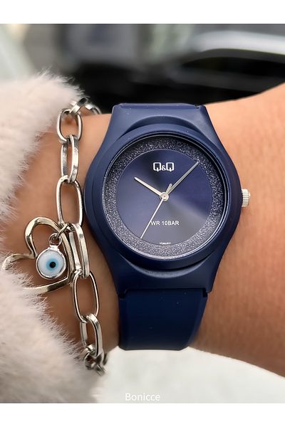Q&Q Dark Blue Silicone, Suitable for Pool and Sea Use, Silvery Guaranteed (24 Months) Women's Wristwatch + Bracelet