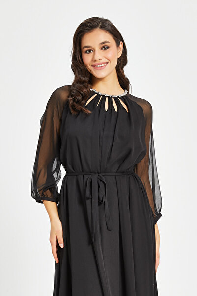 SERPİL Kadın Şifon Elbise – Transparan Kol, Kuşaklı, Astarlı Midi Boy,