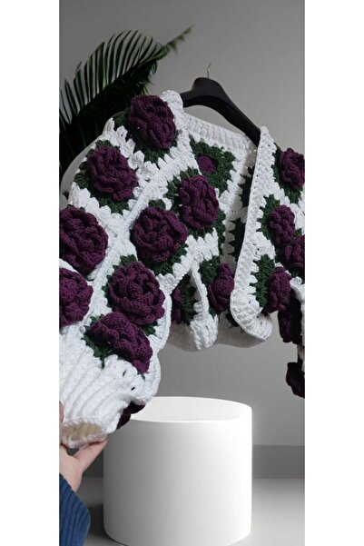 Melonndesign Cardigan de damă cu detalii de trandafir violet, croșetat, design