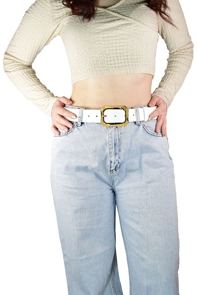 GoDeri 100% piele naturală, blugi de damă albi cu cataramă aurie, centură sport 4 cm=an-byn-08