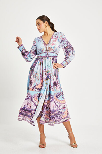 SERPİL Kadın Desenli V Yaka Elbise – Uzun Kollu, Kuşaklı, Astarlı