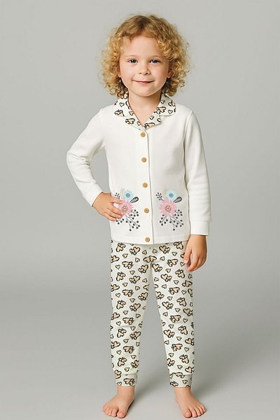 peki baby&kids Well Girl Child Interlock Cotton Heart Patterned Mat Flower Printed Front Buttoned Pajamas Set 18934