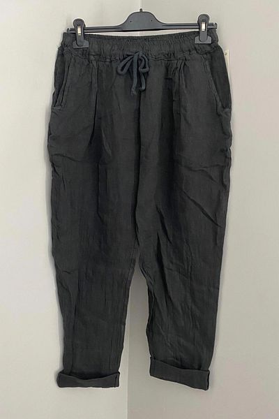 AYASOFYA OTANTIK Women's Italian Anthracite Elastic Waist Lacing Detailed 100% Linen Carrot Trousers