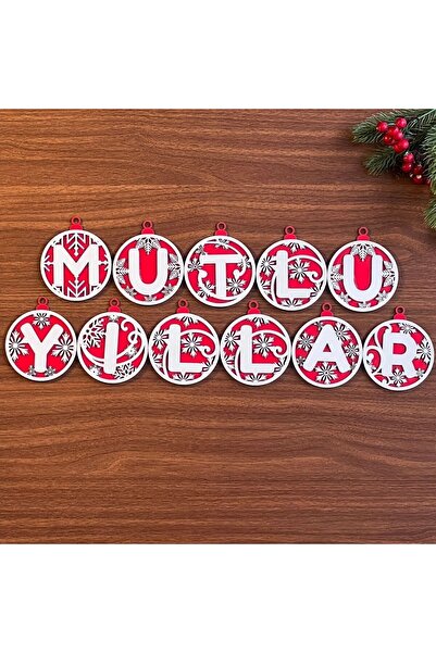 Store DumlEs® 11 Harfli Kırmızı Beyaz İpli MUTLU YILLAR Yazılı Ahşap Yılbaşı Ağaç Süsü