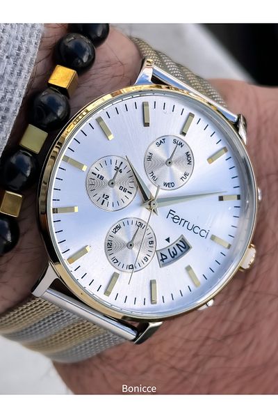 Ferrucci Yellow Silver Wicker Steel Cord, Simple Stylish Model Men's Wristwatch + Bracelet with Calendar