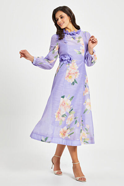 SERPİL Kadın Çiçek Desenli Aplikeli Elbise – Uzun Kol, Kemerli