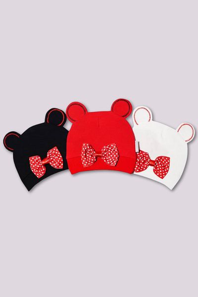 Modanguzel Bow Combed Cotton Baby Beanie 3-Piece Red/White/Black