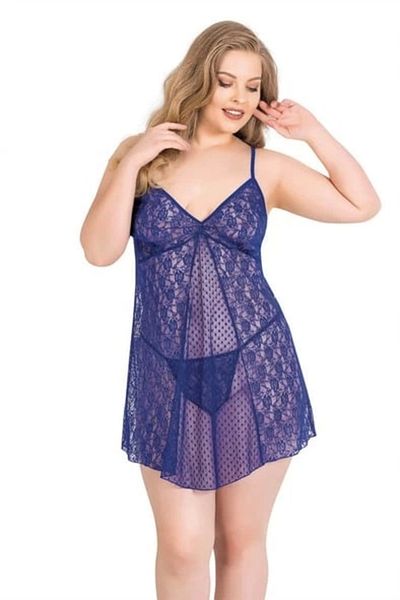 PRIMODA Cămașă de noapte scurtă din tul Saks Blue Plus Size