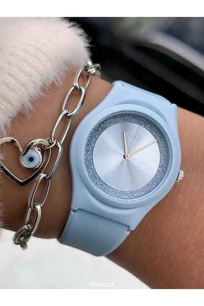 Q&Q Baby Blue Silicone, Suitable for Pool and Sea Use, Silvery Guaranteed (24 Months) Women's Wristwatch + Bracelet