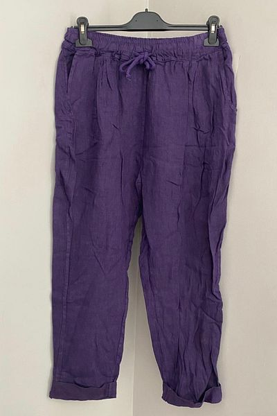 AYASOFYA OTANTIK Women's Italian Purple Elastic Waist Lacing Detailed 100% Linen Carrot Trousers