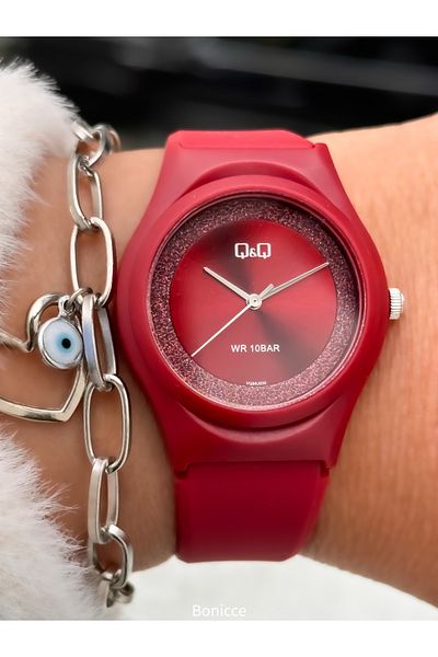 Q&Q Red Silicone Cord, Suitable for Pool and Sea Use, Silvery Guaranteed (24 Months) Women's Wristwatch + Bracelet