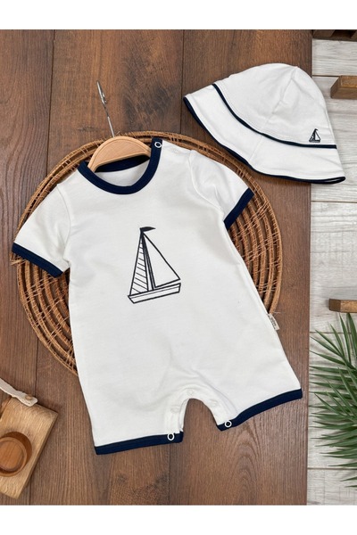 Bolly Baby Denizci Yelken Nakışlı Şapkalı Erkek Bebek Tulum Çıtçıtlı Kısa Kol...