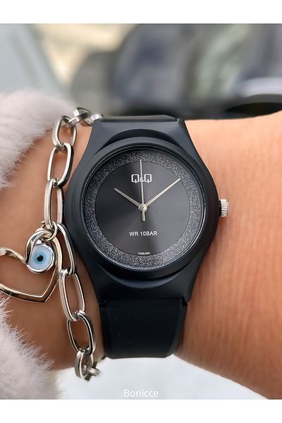 Q&Q Black Silicone Cord, Suitable for Pool and Sea Use, Silvery Guaranteed (24 Months) Women's Wristwatch + Bracelet