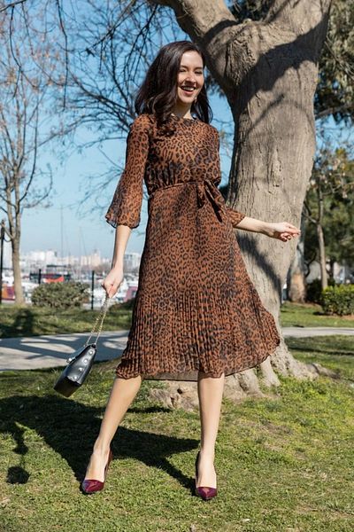 azra moda Women's Brown Chiffon Leopard Dress