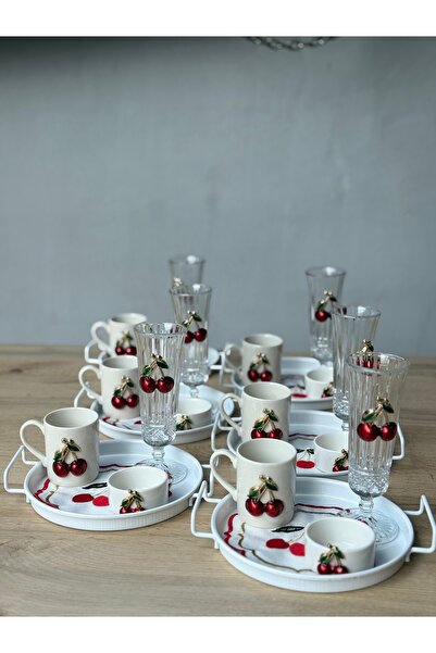 Hediye Köşkü 6 Kişilik 30 parça Kirazlı Sunum Tepsili Lüks Kahve Sunum Seti