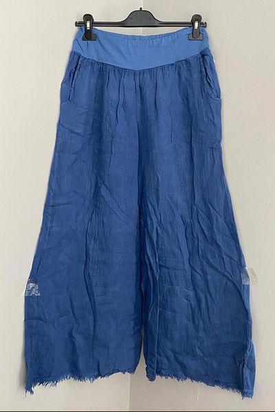 AYASOFYA OTANTIK Women's Italian Indigo Blue Stretchy Elastic Waist Pocket 100% Linen Tasseled Loose Wide Leg Pants