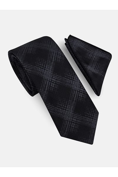 Milleniva Plaid Gray Tie & Handkerchief