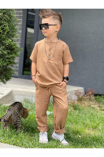 Burçak Butik Summer Short-Sleeved Linen Fabric Shirt-Pants Bottom Top Set (One Size up Can Be Chosen)