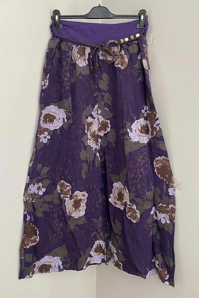 AYASOFYA OTANTIK Women's Italian Purple Rope Belt Detailed Loose Wide Leg 100% Linen Trousers with Side Pockets