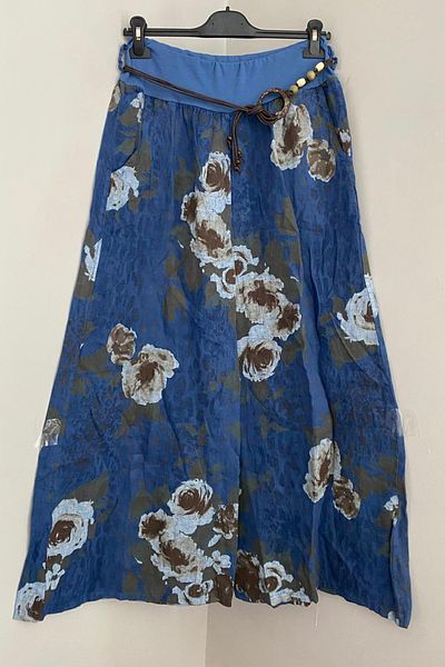 AYASOFYA OTANTIK Women's Italian Indigo Blue Rope Belt Detailed Wide Leg 100% Linen Trousers with Side Pockets