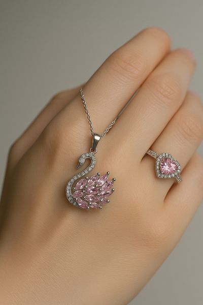 The Collection Zircon Stone Swan Steel Necklace and Silver Zircon Adjustable Heart Ring