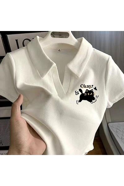 Gofeel Harajuku Street Polo Neck Cat Printed Crop