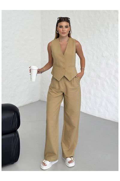 Elif Özbey Butik Camel Colored Vest and Palazzo Pants Set