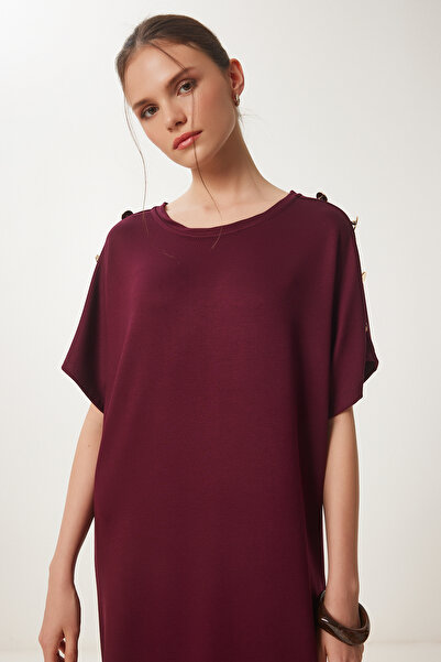 Happiness İstanbul Women's Burgundy Button Detailed Summer Knitted Dress Zv00291
