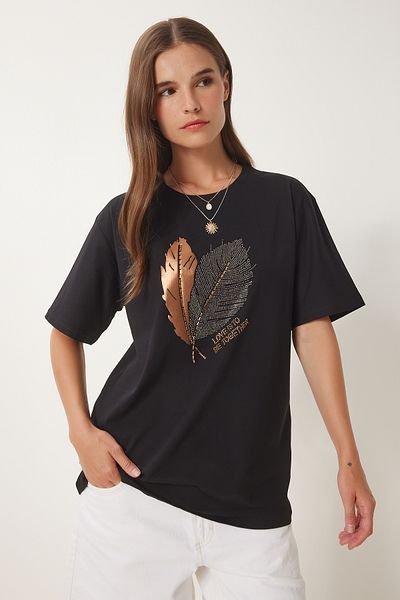 Happiness İstanbul Tricou tricotat cu imprimeu cu detalii cu piatră neagră pentru femei BW00004