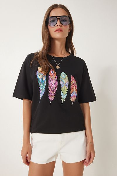 Happiness İstanbul Schwarzes, mit Perlen verziertes, bedrucktes Strick-T-Shirt für Damen BW00003
