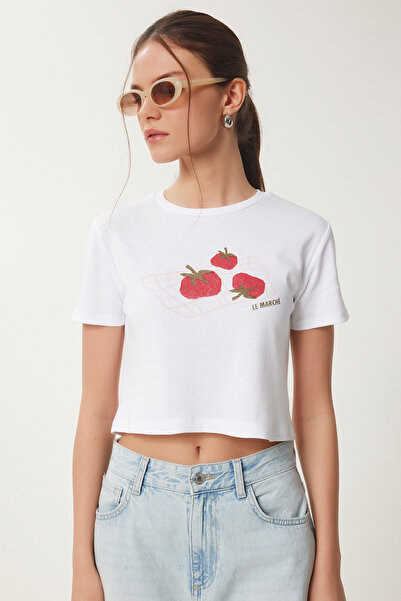 Happiness İstanbul Weißes bedrucktes Crop-Top-T-Shirt für Damen WO00053