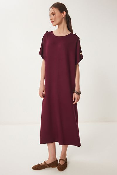 Happiness İstanbul Burgunderrotes, detailliertes Sommer-Strickkleid mit Knöpfen für Damen ZV00291