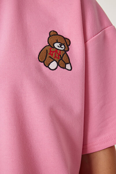 Happiness İstanbul Dámské růžové pletené tričko s vyšívaným medvídkem ZV00286