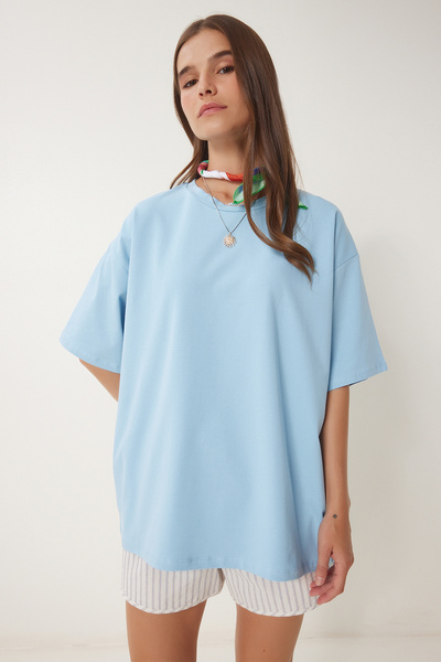 Happiness İstanbul Γυναικείο Sky Blue Basic Oversize Πλεκτό T-Shirt HW00007