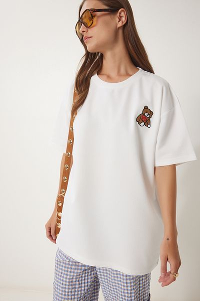 Happiness İstanbul Ecru Teddybär besticktes Oversize-Strick-T-Shirt für Damen ZV00286