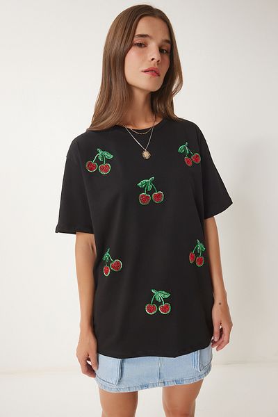 Happiness İstanbul Women's Black Bead Detailed Knitted T-Shirt Bw00002