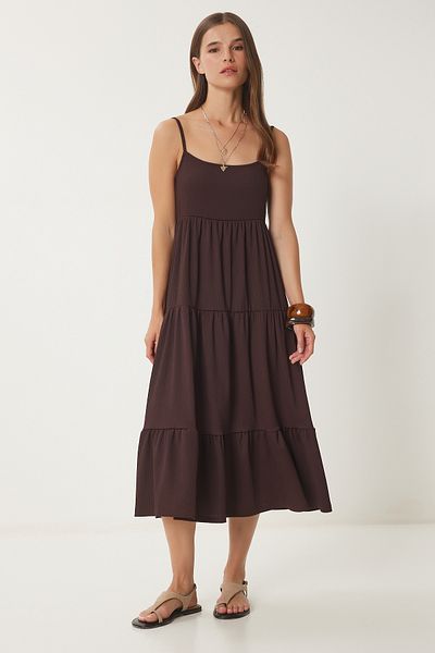 Happiness İstanbul Braunes Sommer-Strickkleid mit Volant für Damen UB00077